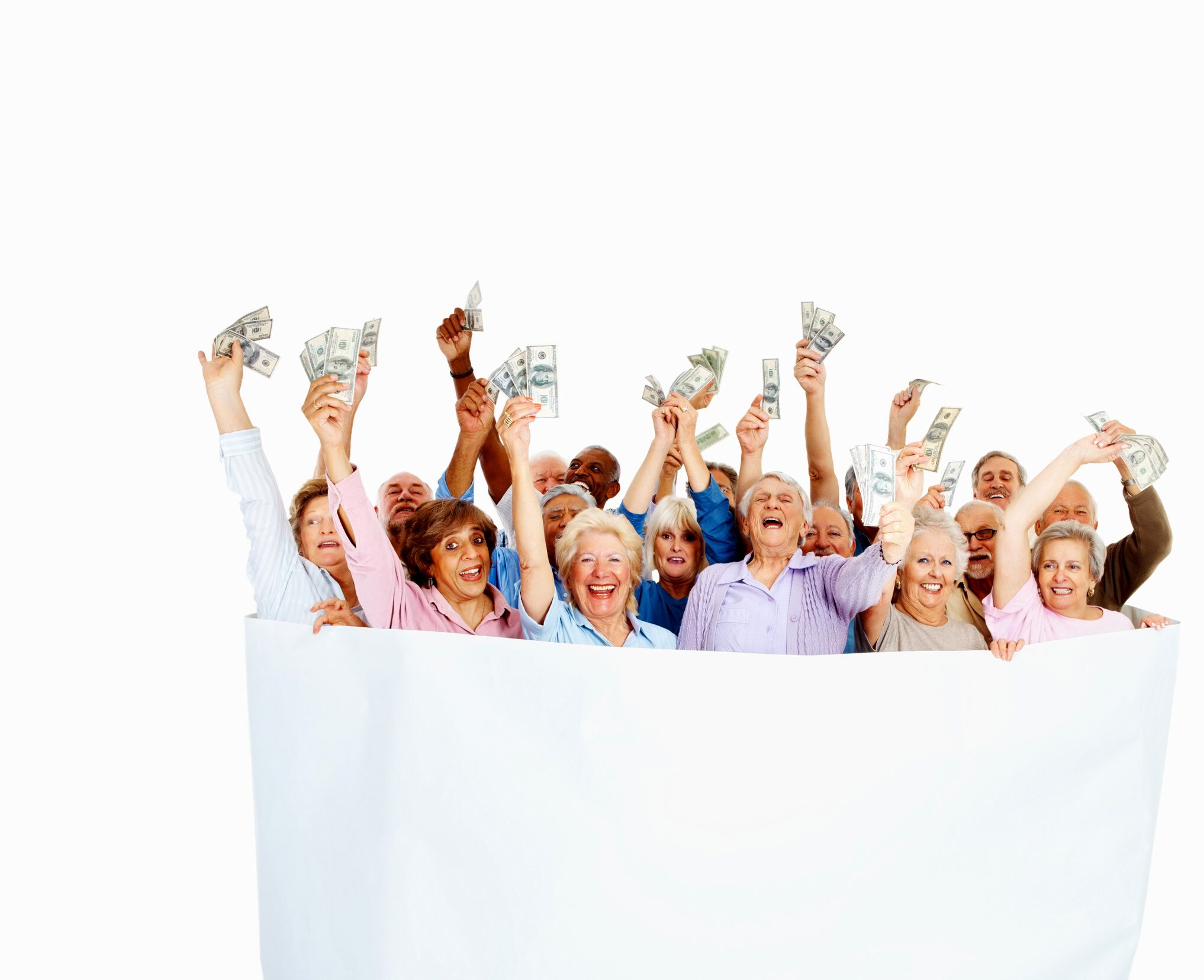 Happy senior citizens holding cash wrapped in paper